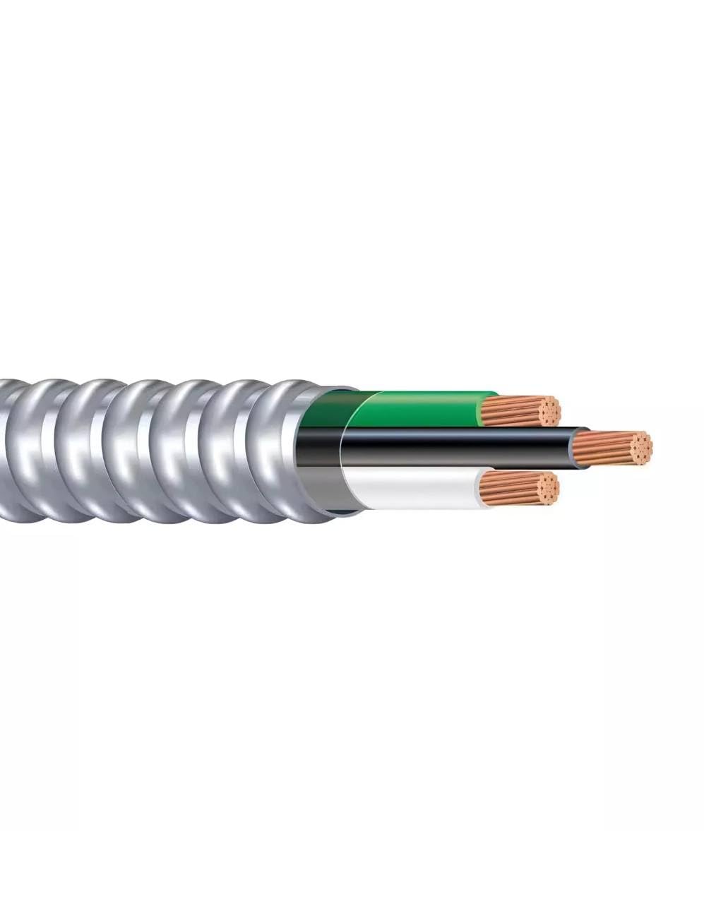 6/2 MC Cable Solid Metal Clad - Type Cable with Ground Wire - Aluminium Armor and Stranded Copper Conductor - Metal Cable for Indoor