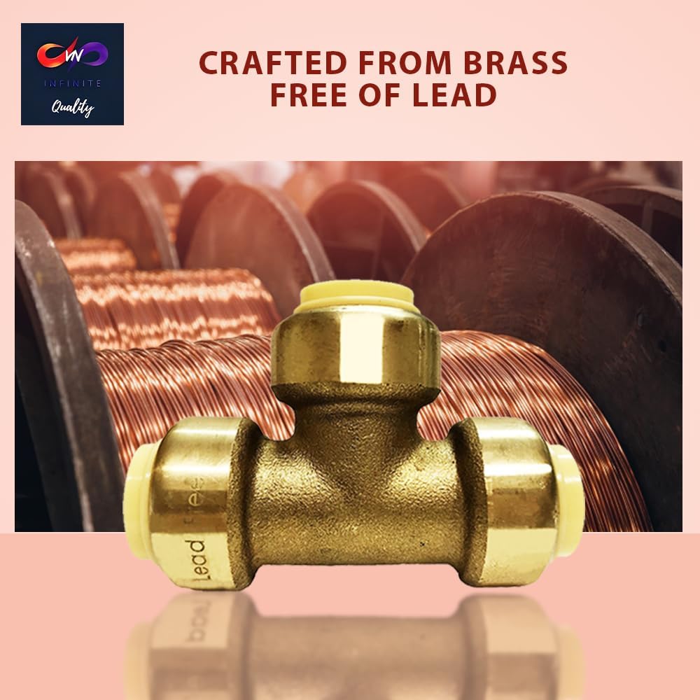 1/2" - 3/4" - Push Fit Plumbing Tee - Push to Connect Brass Plumbing Fittings - Fitting to Connect PEX, Copper, CPVC