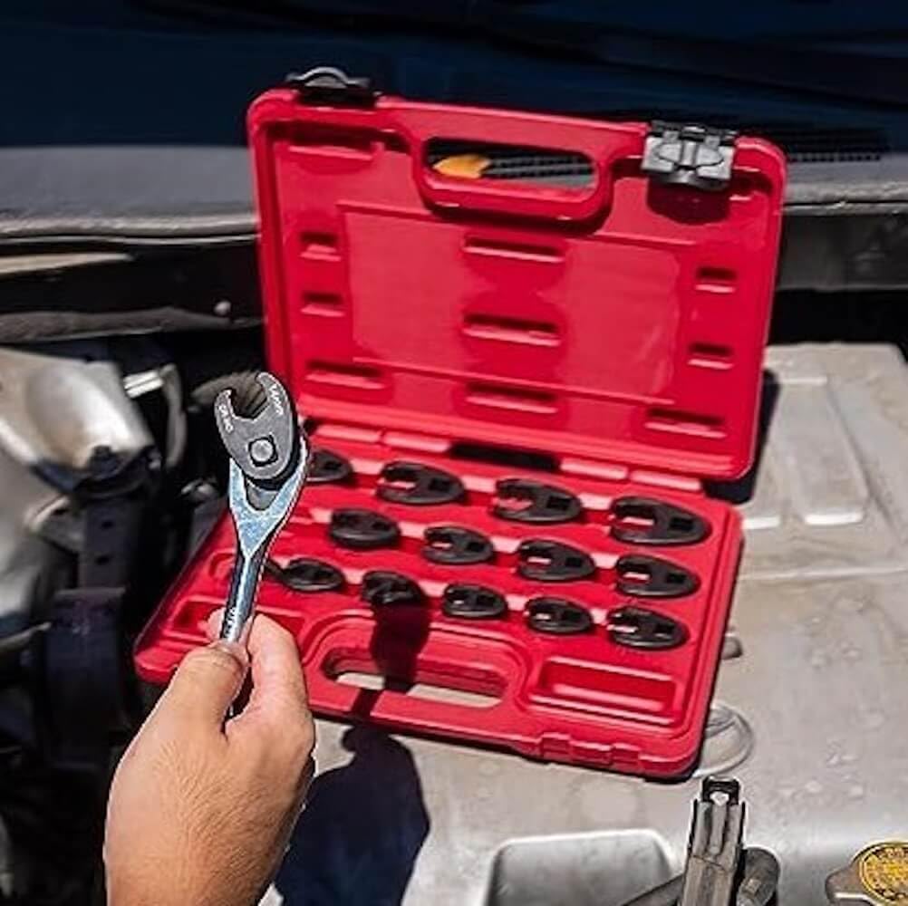 3/8" - 1" Crowfoot Wrench Set - SAE & Metric 11 Pieces Wrench Set With Clip On Organizer Easily Access Hard To Reach Areas - Stainless Steel Tool For Mechanics Great For Automotive Repair Work