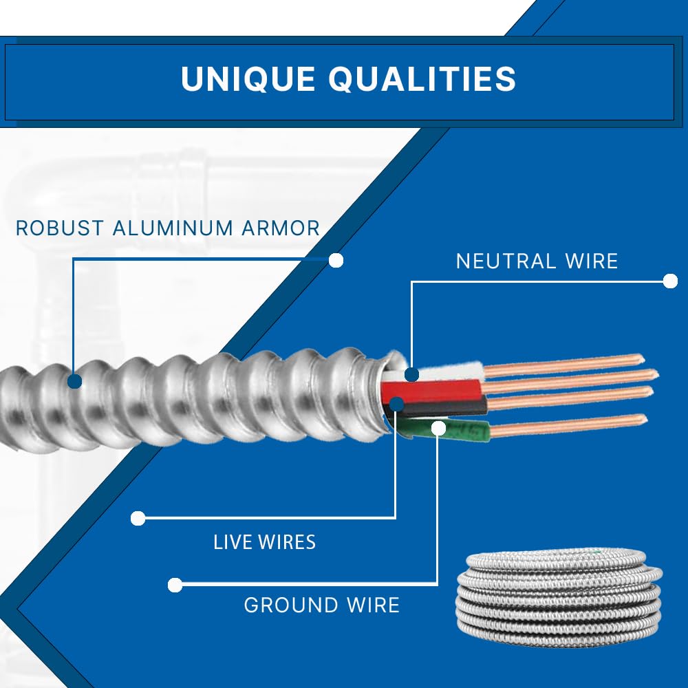 8/3 Metal Clad MC Cable 50 ft - Metal Clad Type 8 AWG 3 - Cable with Ground Aluminium Armor Stranded Copper Conductor - Cable for Indoor 50 Ft