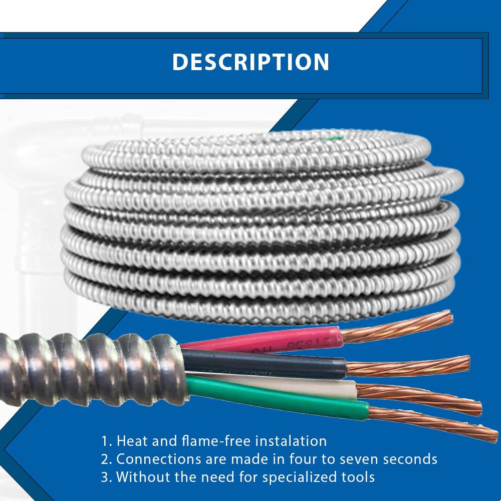 8/3 Metal Clad MC Cable 50 ft - Metal Clad Type 8 AWG 3 - Cable with Ground Aluminium Armor Stranded Copper Conductor - Cable for Indoor 50 Ft