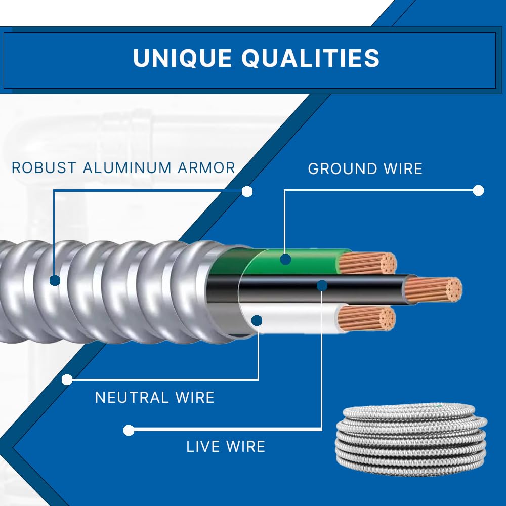 6/2 MC Cable Solid Metal Clad - Type Cable with Ground Wire - Aluminium Armor and Stranded Copper Conductor - Metal Cable for Indoor