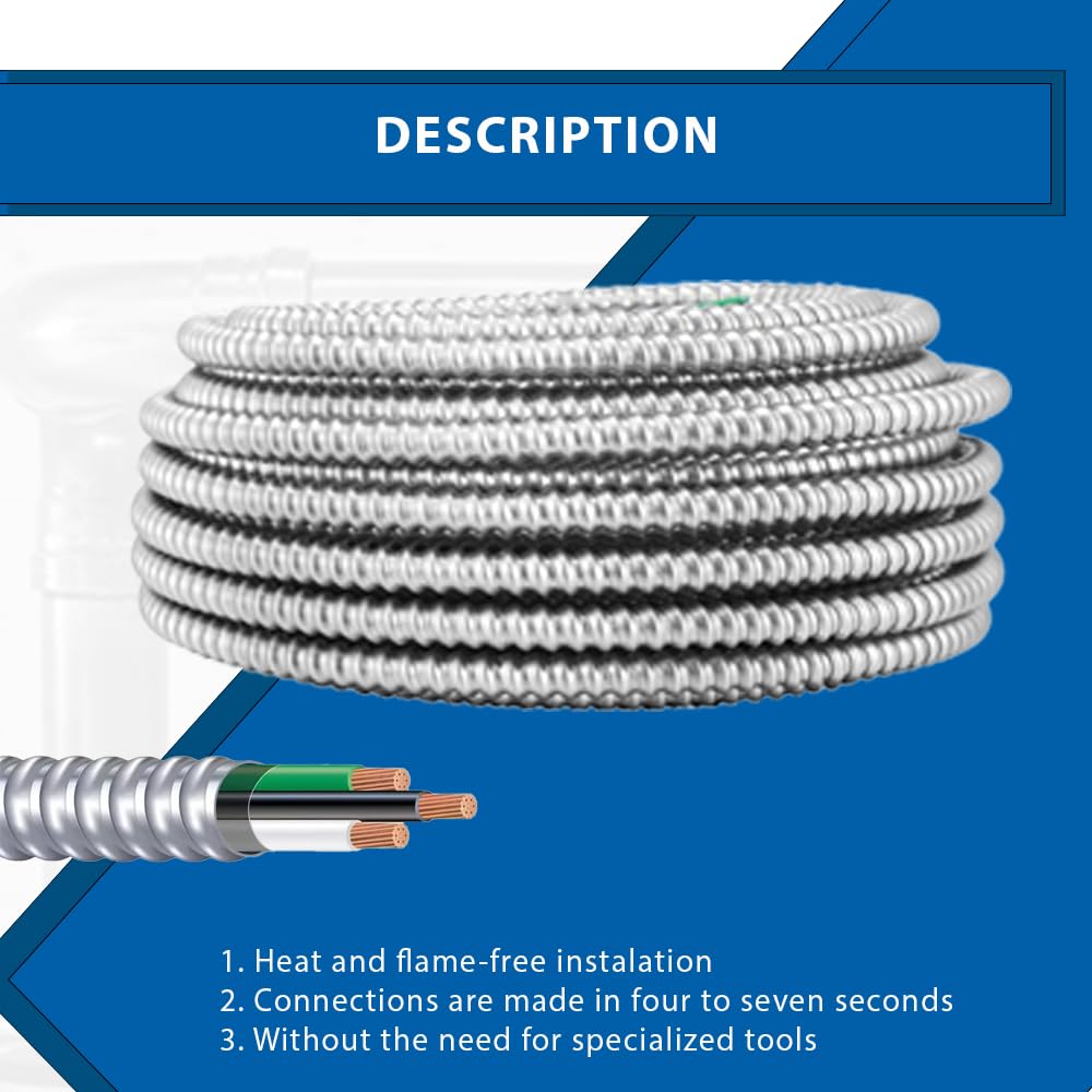 6/2 MC Cable Solid Metal Clad - Type Cable with Ground Wire - Aluminium Armor and Stranded Copper Conductor - Metal Cable for Indoor