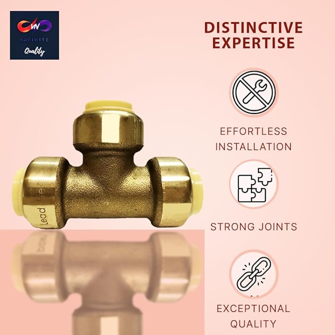 1/2" - 3/4" - Push Fit Plumbing Tee - Push to Connect Brass Plumbing Fittings - Fitting to Connect PEX, Copper, CPVC
