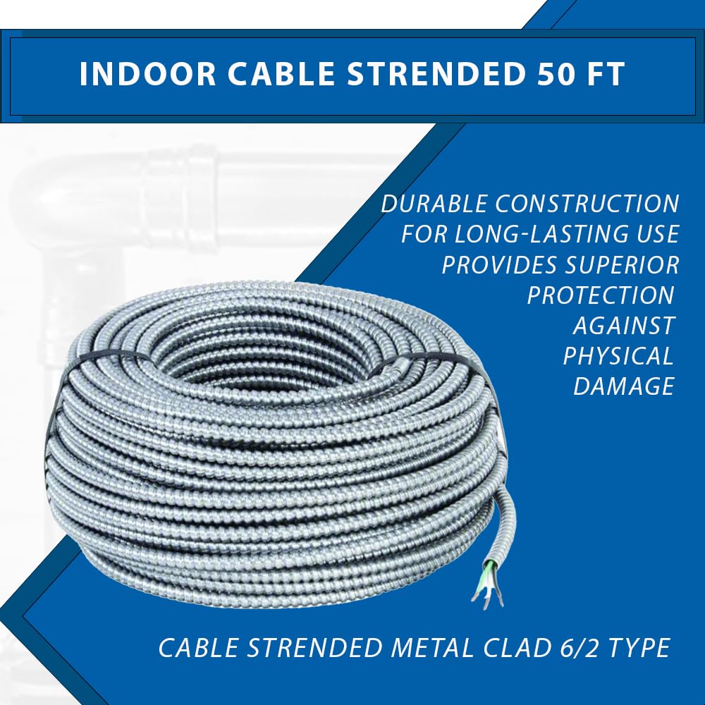 6/2 MC Cable Solid Metal Clad - Type Cable with Ground Wire - Aluminium Armor and Stranded Copper Conductor - Metal Cable for Indoor