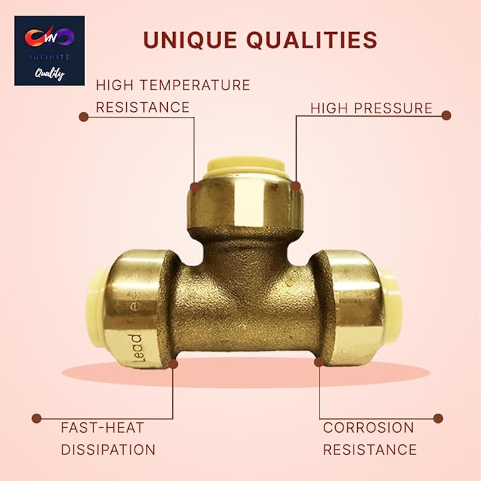 1/2" - 3/4" - Push Fit Plumbing Tee - Push to Connect Brass Plumbing Fittings - Fitting to Connect PEX, Copper, CPVC