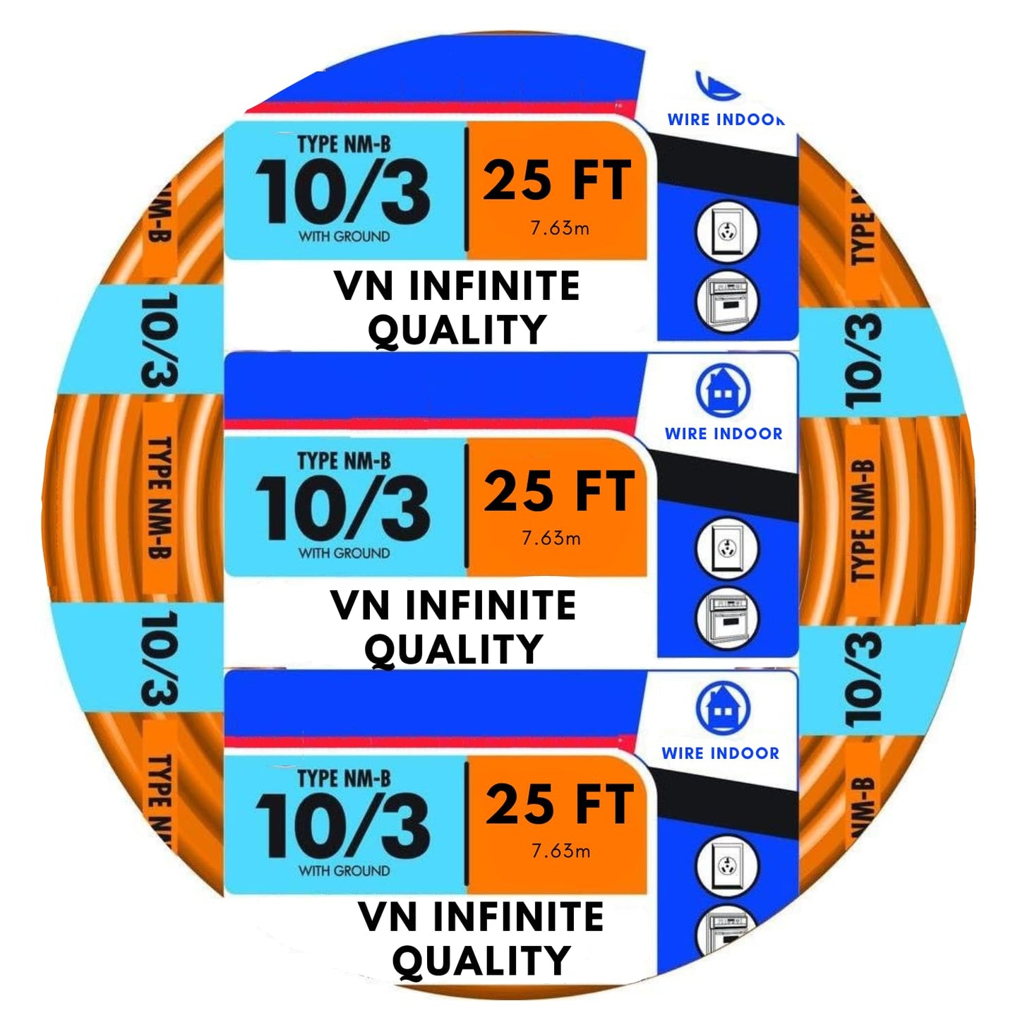 10/3 NM-B Sheathed Cable - Non-Metallic with Ground Residential Indoor Electrical Wire Type NM-B Orange