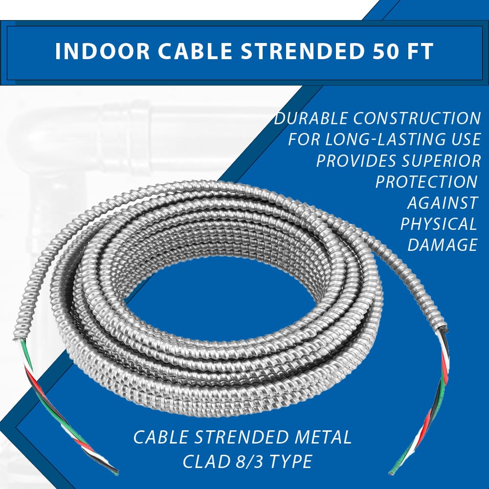 8/3 Metal Clad MC Cable 50 ft - Metal Clad Type 8 AWG 3 - Cable with Ground Aluminium Armor Stranded Copper Conductor - Cable for Indoor 50 Ft
