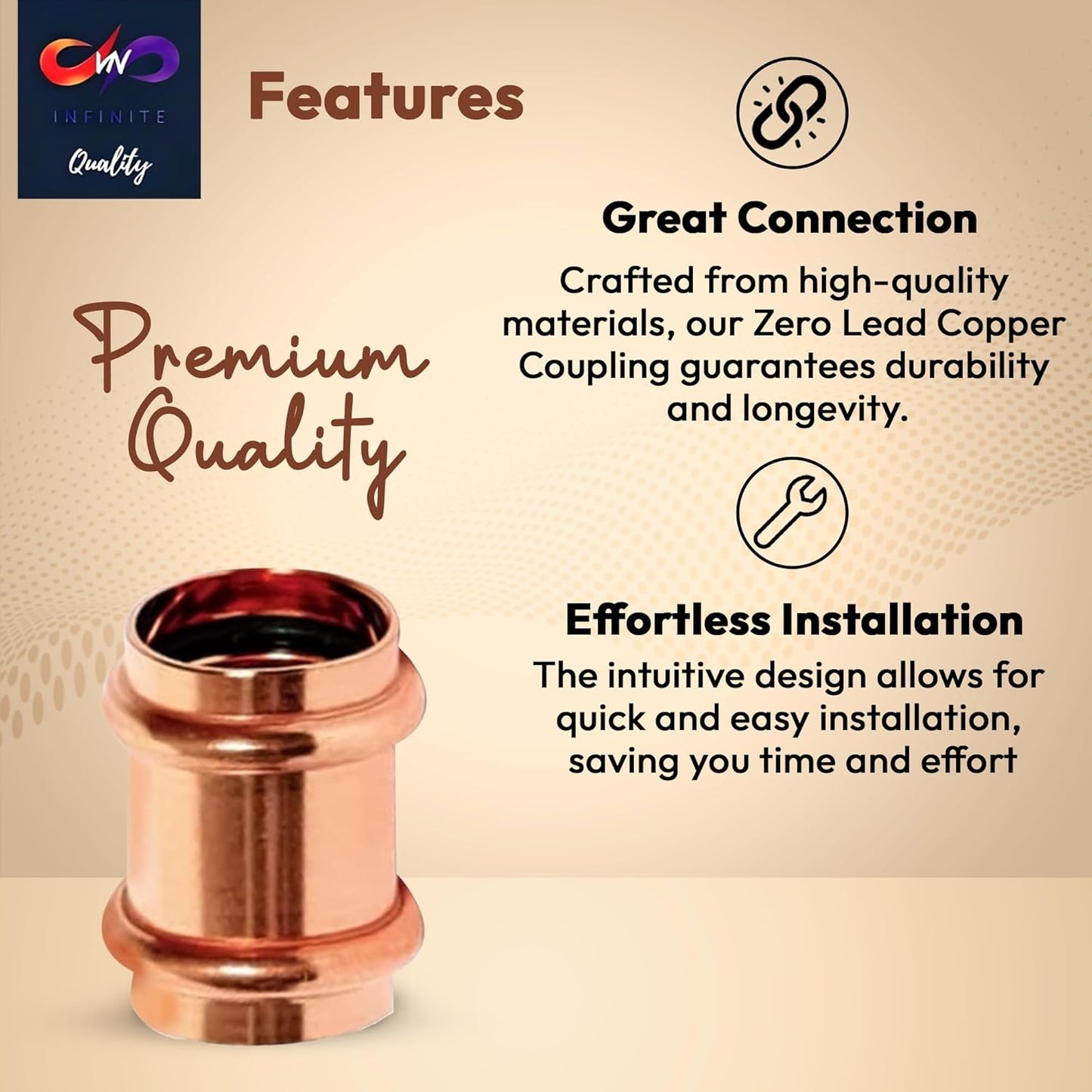 1" - 1/2" - 3/4" ProPress Fitting Copper Coupling – Zero Lead Copper Coupling with Stop Press x Press Straight Coupling – Easy to Install and Reliable Fitting
