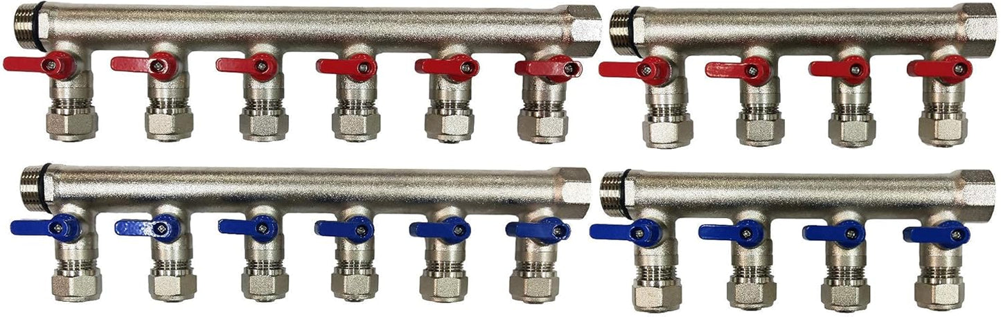 2 - 12 Loops Ball Valve Brass Pex Manifold 3/4" trunk for 1/2" Pex Tubing w/brackets
