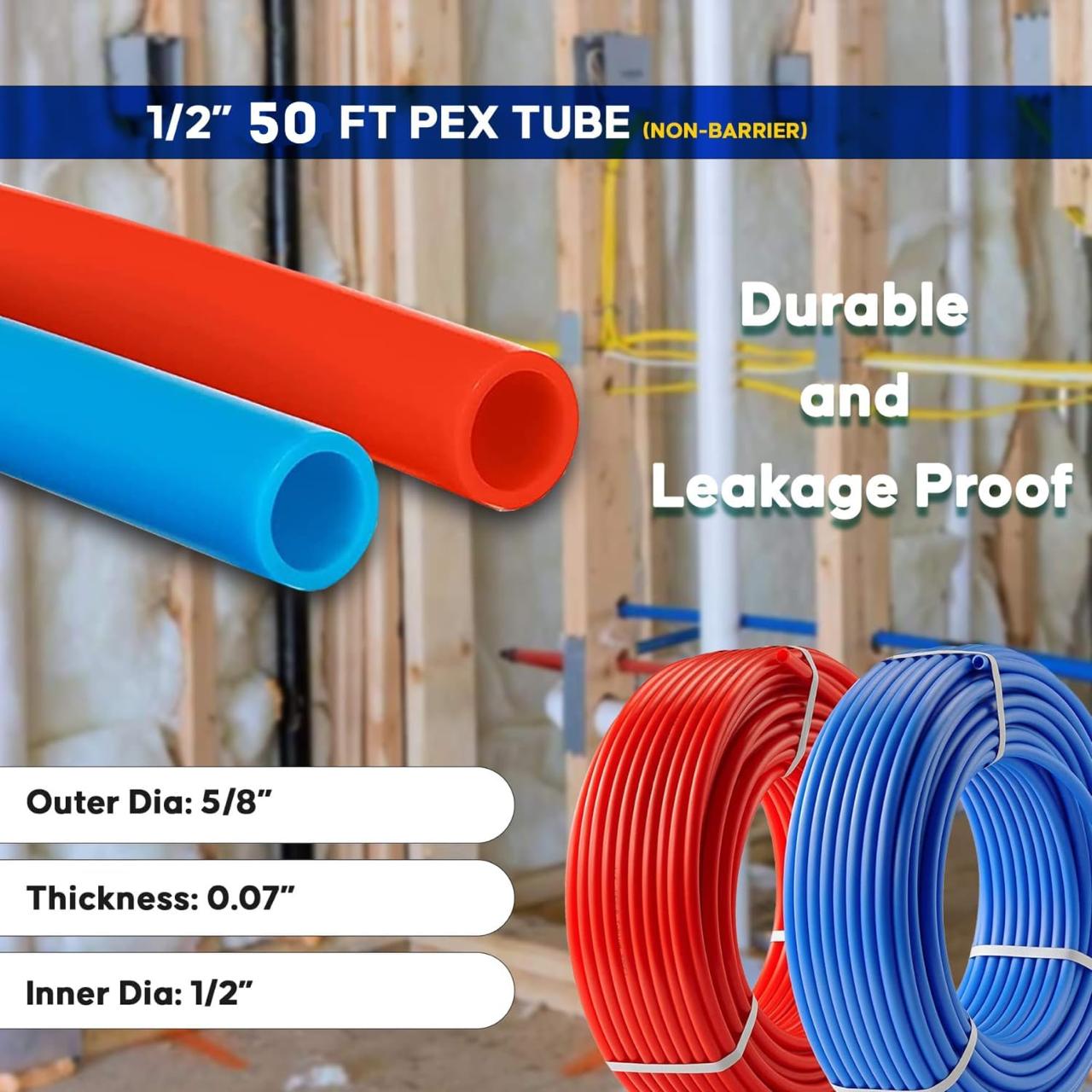 PEX A Tubing -2 Rolls of PEX A Tubing- 1/2" X 50 ft - 100 ft Blue and Red PEX Pipe - Non-Barrier Radiant Heating PEX Plumbing - For Cold and Hot Water Tubing (Type A)