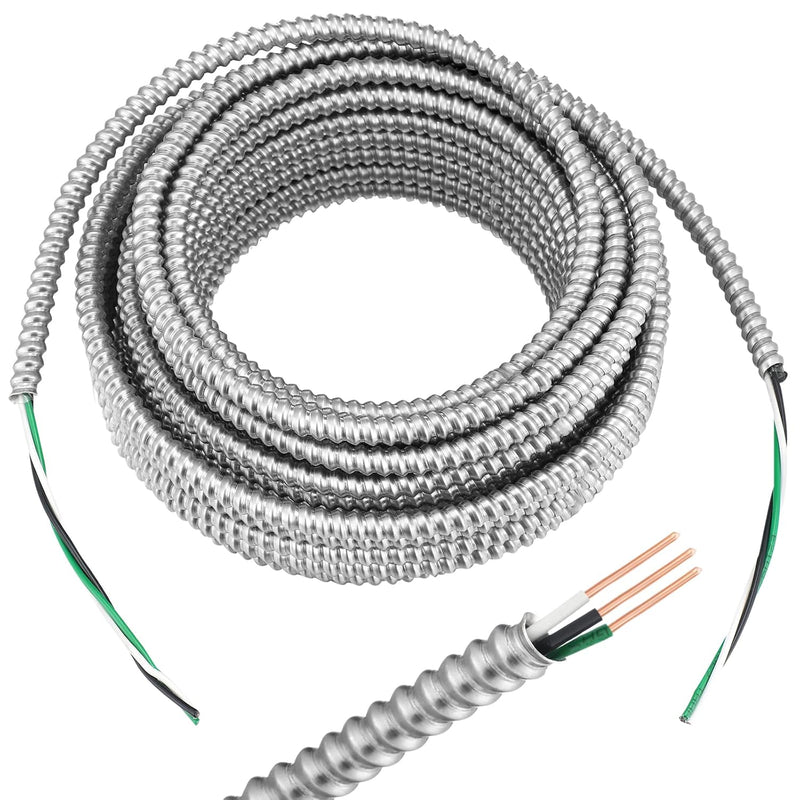 8/2 Metal Clad MC Cable 15ft - 25ft - 30ft - 50ft Coil, Cable with Ground - Aluminium Armored Stranded Copper Conductors - Cable for Indoor