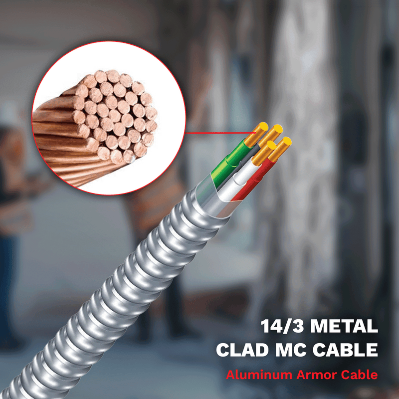 14/3 Metal Clad MC Cable 14-Gauge 3-Conductor Electric Wire with Aluminum Armor Cable with Ground for Indoor Outdoor 250 ft
