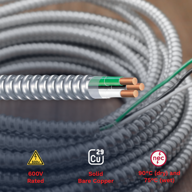 14/2 Metal Clad 250 ft MC Cable 14 Gauge 2 Conductor Electric Wire with Aluminum Armor Cable with Ground for Indoor Outdoor 250 ft