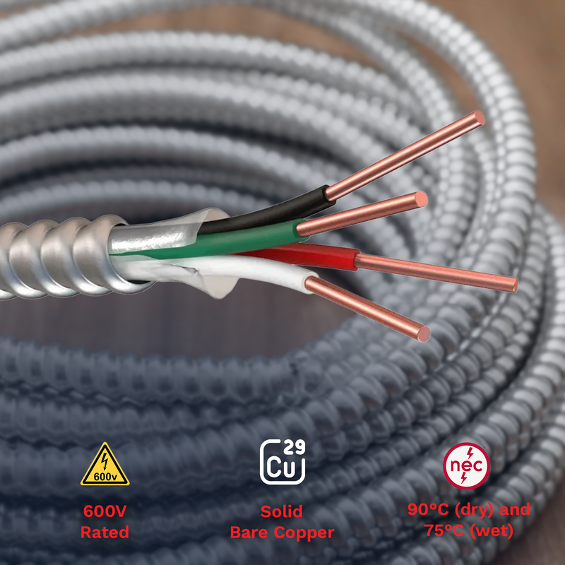 14/3 Metal Clad MC Cable 14-Gauge 3-Conductor Electric Wire with Aluminum Armor Cable with Ground for Indoor Outdoor 250 ft