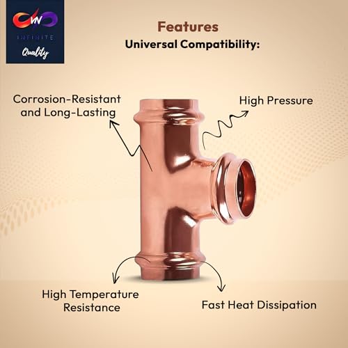 ProPress Fitting Copper Press Tee - 3/4" Zero Lead Pro Press Copper Plumbing Pipe Fitting Connection Tool for Commercial and Residential Use - Pack of 10