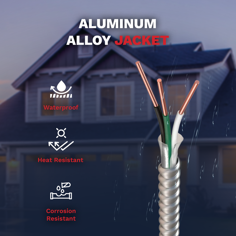 14/2 Metal Clad 250 ft MC Cable 14 Gauge 2 Conductor Electric Wire with Aluminum Armor Cable with Ground for Indoor Outdoor 250 ft