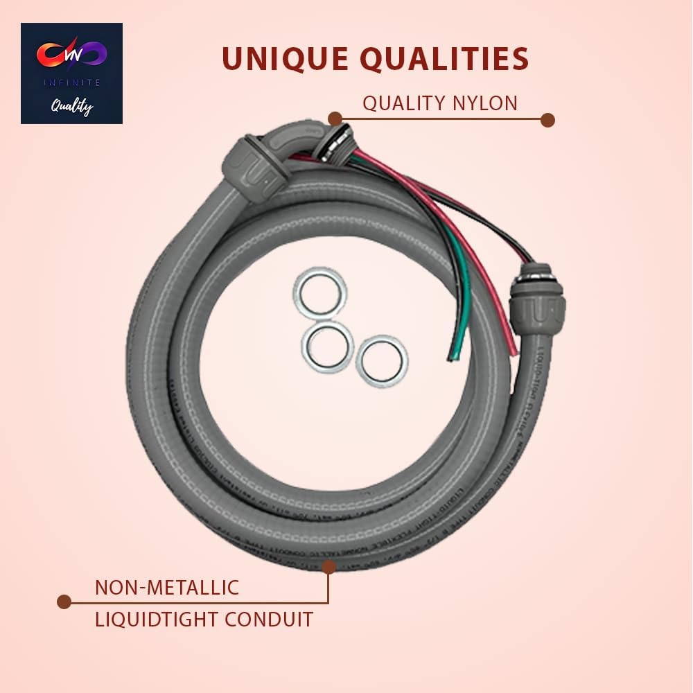 1/2" x 3/4" AC Whip Electrical Conduit Kit - 1/2" x 3/4" - Flexible Non-Metallic Liquid Tight - 10 Gauge Wires - Flexible Electrical Conduit - 90 Degree Connector