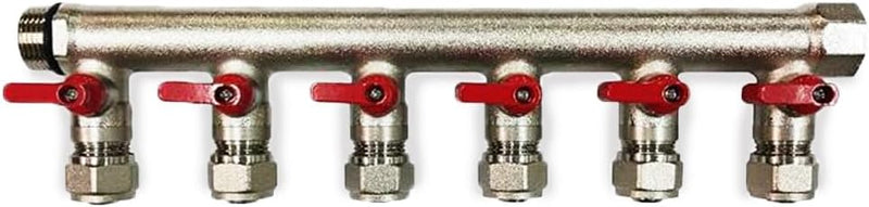 1/2" Plumbing PEX Manifolds 1" trunk w/ 1/2" Pex Ball Valves - 2 - 6 -Branch Radiant Heat Manifold - PEX Tubing Floor Heating Manifolds - Red or Blue Handles