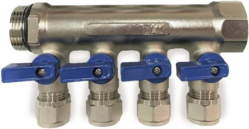 1/2" Plumbing PEX Manifolds 1" trunk w/ 1/2" Pex Ball Valves - 2 - 6 -Branch Radiant Heat Manifold - PEX Tubing Floor Heating Manifolds - Red or Blue Handles