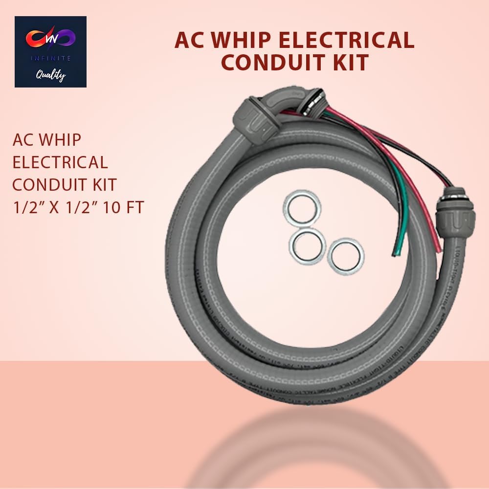 1/2" x 3/4" AC Whip Electrical Conduit Kit - 1/2" x 3/4" - Flexible Non-Metallic Liquid Tight - 10 Gauge Wires - Flexible Electrical Conduit - 90 Degree Connector