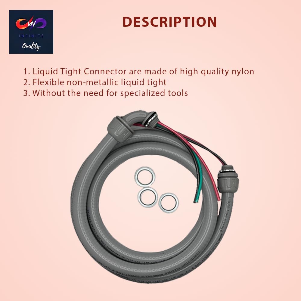 1/2" x 3/4" AC Whip Electrical Conduit Kit - 1/2" x 3/4" - Flexible Non-Metallic Liquid Tight - 10 Gauge Wires - Flexible Electrical Conduit - 90 Degree Connector