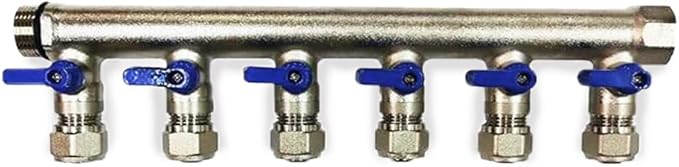 1/2" Plumbing PEX Manifolds 1" trunk w/ 1/2" Pex Ball Valves - 2 - 6 -Branch Radiant Heat Manifold - PEX Tubing Floor Heating Manifolds - Red or Blue Handles