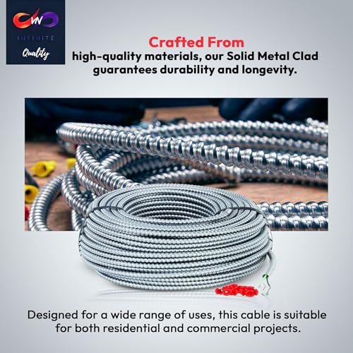 Solid Metal Clad 12/2 Cable with Ground Wire 250 Feet - MC Aluminium Armor and Stranded Copper Conductor (250ft Cut)