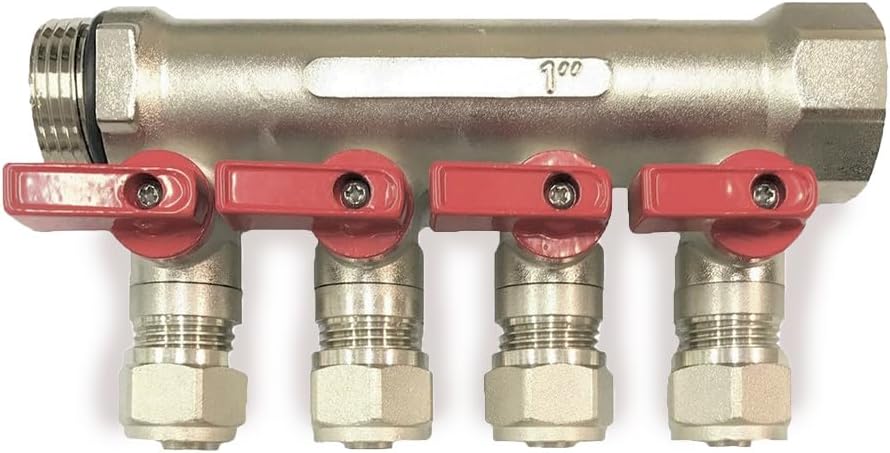 Loops 1/2" Plumbing PEX Manifolds 1" trunk w/ 1/2" Pex Ball Valves - 2 - 6 -Branch Radiant Heat Manifold - PEX Tubing Floor Heating Manifolds - Red or Blue Handles