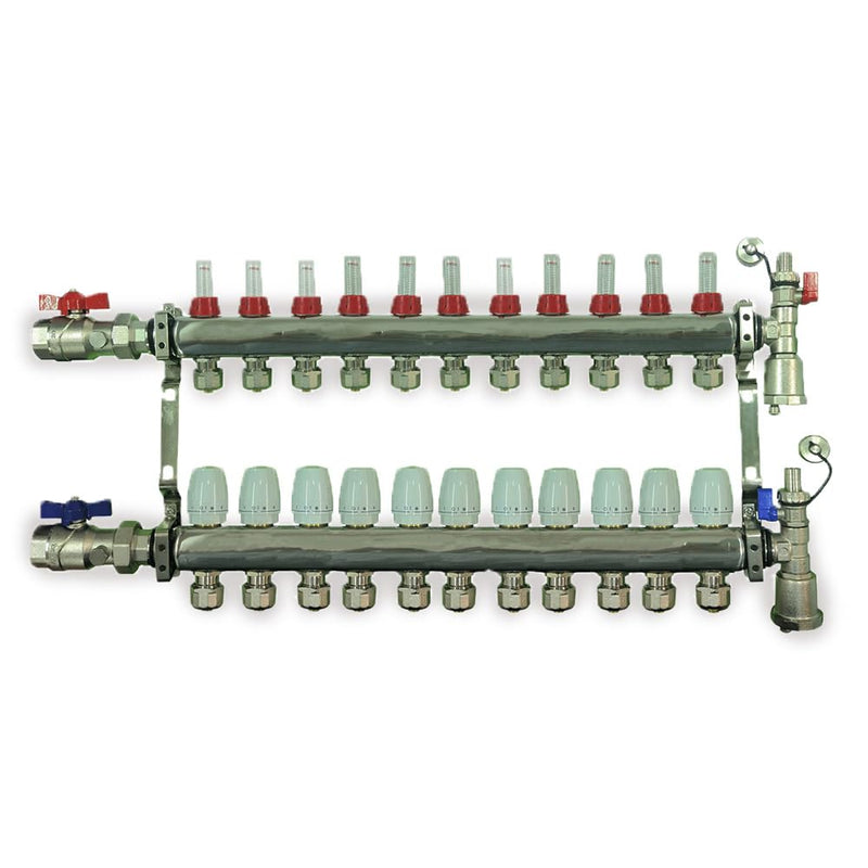2 - 12 Loop Radiant PEX Plumbing Manifold - 1" 304 Stainless Steel Radiant Floor Heating Manifold - With 2 Wire Actuators
