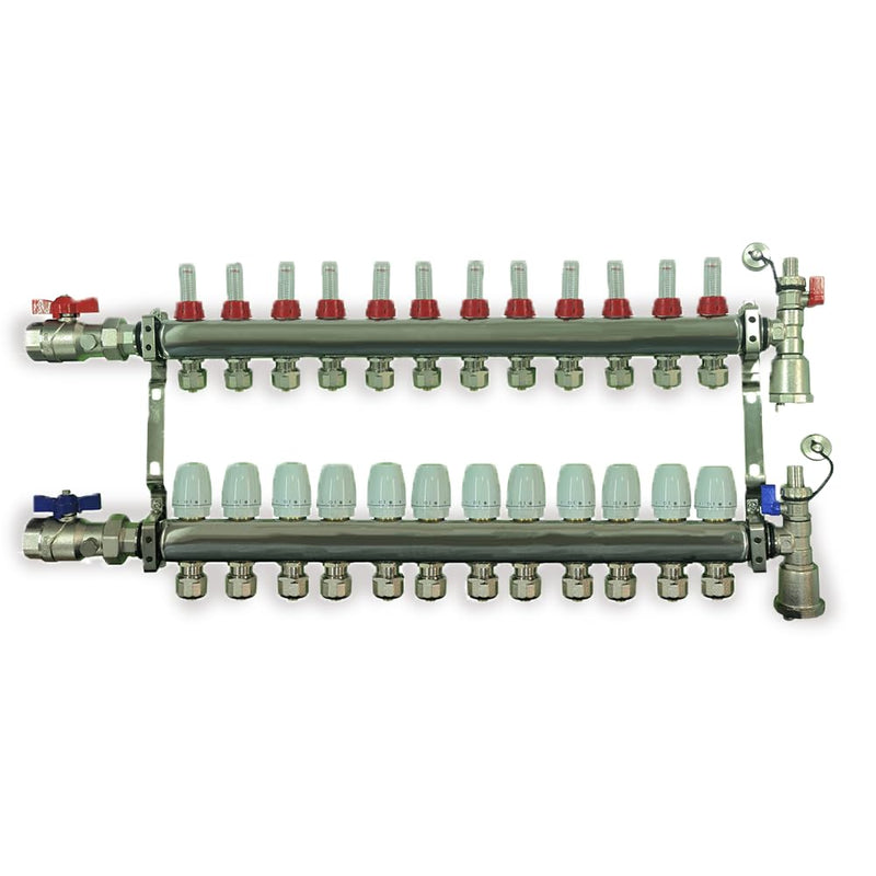 2 - 12 Loop Radiant PEX Plumbing Manifold - 1" 304 Stainless Steel Radiant Floor Heating Manifold - With 2 Wire Actuators