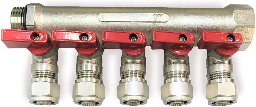 Loops 1/2" Plumbing PEX Manifolds 1" trunk w/ 1/2" Pex Ball Valves - 2 - 6 -Branch Radiant Heat Manifold - PEX Tubing Floor Heating Manifolds - Red or Blue Handles