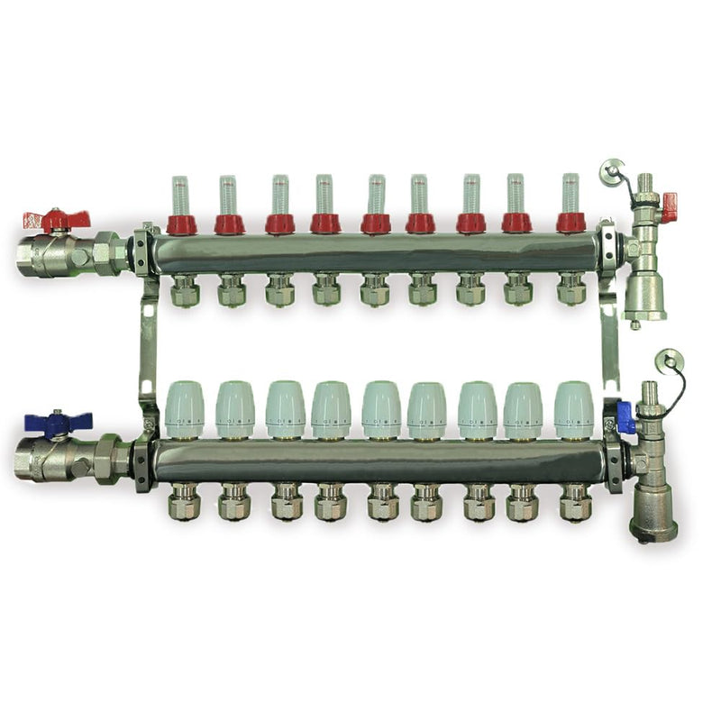 2 - 12 Loop Radiant PEX Plumbing Manifold - 1" 304 Stainless Steel Radiant Floor Heating Manifold - With 2 Wire Actuators