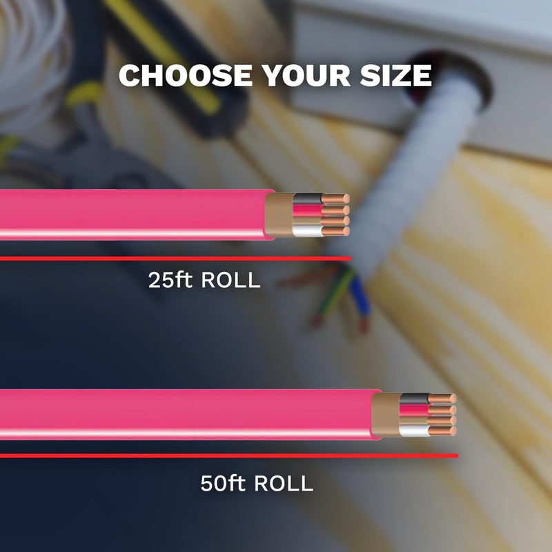 10/3 NM-B Copper Electrical Wire 10 Gauge 25ft - 50ft - 75ft - 100ft Coil, 3 Conductors with Groun Non-Mettalic, Sheathed Cable, Residential Indoor Pink