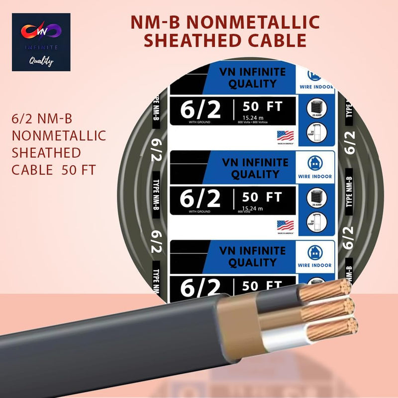 6/2 NM-B Non-Metallic Residential Indoor Wire Nonmetallic with Ground Sheathed Cable 25ft - 50ft Coil