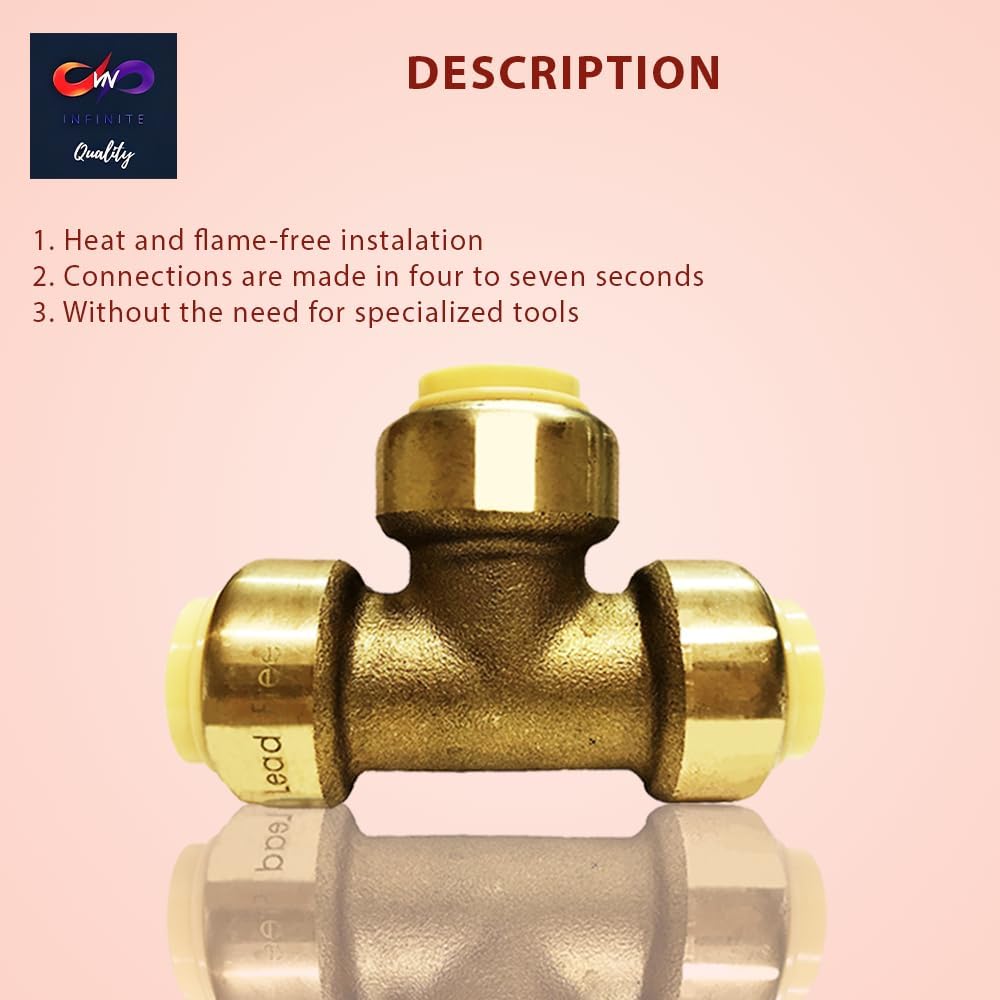 1/2" - 3/4" - Push Fit Plumbing Tee - Push to Connect Brass Plumbing Fittings - Fitting to Connect PEX, Copper, CPVC
