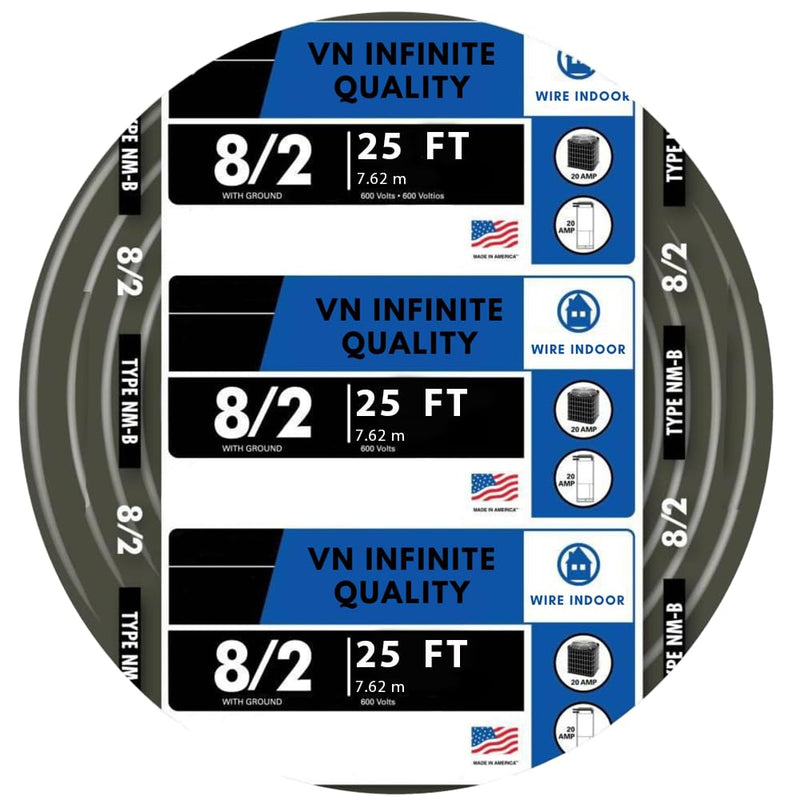 8/2 NM-B Nonmetallic with Ground Sheathed Cable 25ft - 50ft - 75ft - 100ft - 125ft Coil Residential Indoor Wire