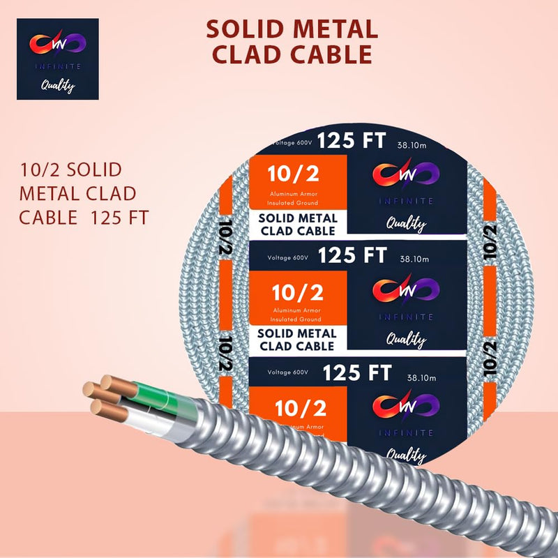 MC Cable 10/2 - Metal Clad 25ft - 50ft - 100ft - 125ft Coil, Aluminium Armor Solid Copper Conductor - Cable for Indoor