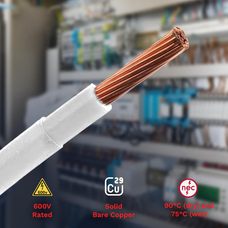 12AWG THHN Wire 12 Gauge 100 FT OFC Copper Electrical Stranded Copper Conductor 600V Building Wire with PVC Nylon Insulation White 100 ft