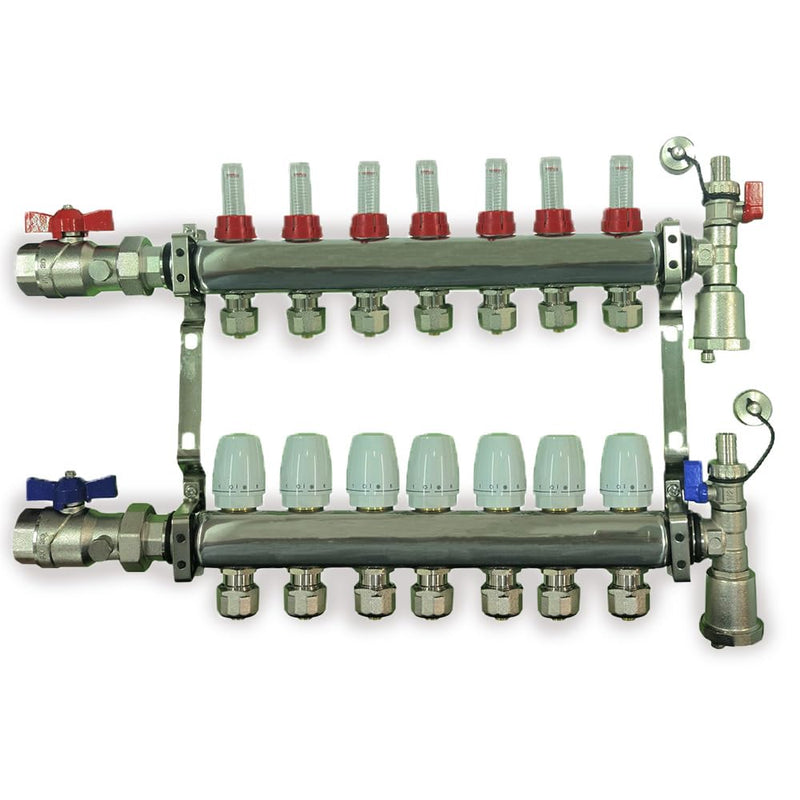 2 - 12 Loop Radiant PEX Plumbing Manifold - 1" 304 Stainless Steel Radiant Floor Heating Manifold - With 2 Wire Actuators