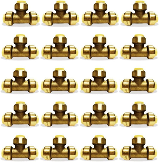 1/2" - 3/4" - Push Fit Plumbing Tee - Push to Connect Brass Plumbing Fittings - Fitting to Connect PEX, Copper, CPVC