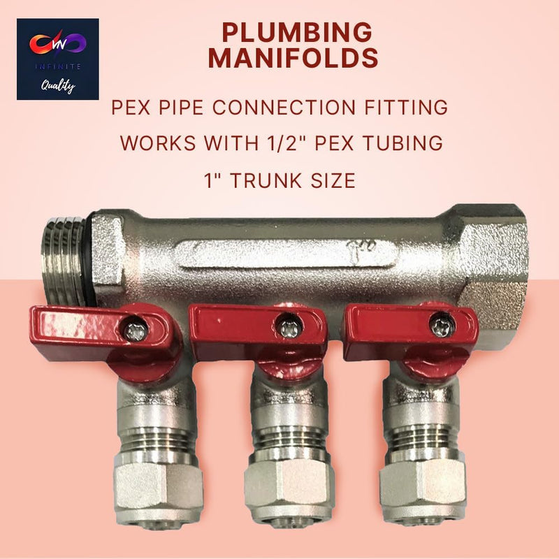 1/2" Plumbing PEX Manifolds 1" trunk w/ 1/2" Pex Ball Valves - 2 - 6 -Branch Radiant Heat Manifold - PEX Tubing Floor Heating Manifolds - Red or Blue Handles
