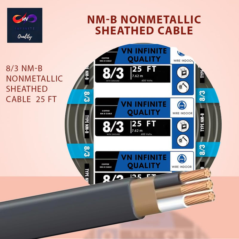 8/3 NM-B Non-Metallic Sheathed Cable Stranded Residential Indoor Wire 25ft - 50ft - 125ft Coil