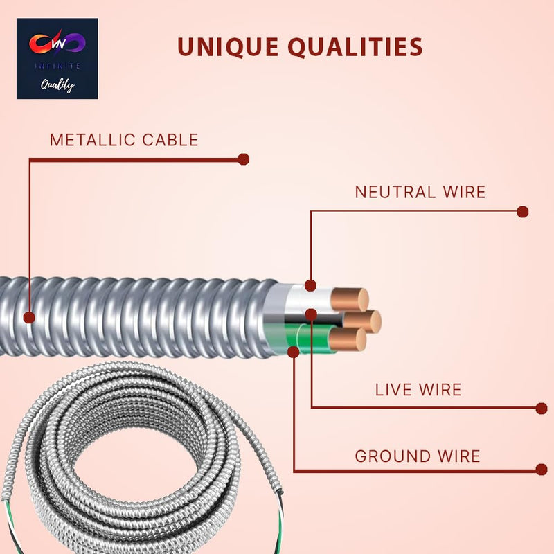 MC Cable 10/2 - Metal Clad 25ft - 50ft - 100ft - 125ft Coil, Aluminium Armor Solid Copper Conductor - Cable for Indoor