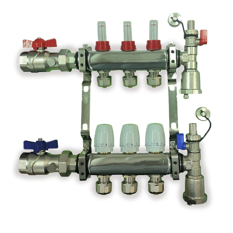 2 - 12 Loop Radiant PEX Plumbing Manifold - 1" 304 Stainless Steel Radiant Floor Heating Manifold - With 2 Wire Actuators