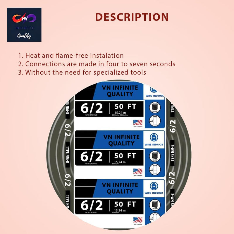 6/2 NM-B Non-Metallic Residential Indoor Wire Nonmetallic with Ground Sheathed Cable 25ft - 50ft Coil