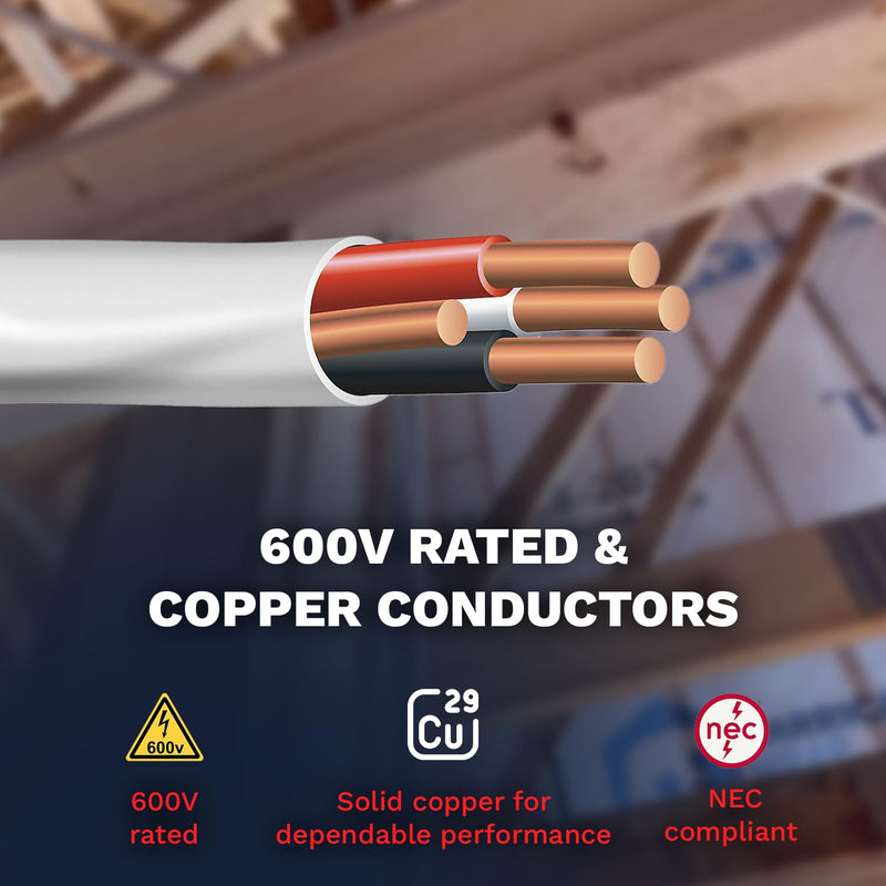 Solid Indoor Wire 14/3 W/G NMB Cable 25ft - 50ft - 100ft - 250ft Coil - Copper Building Wire - Nonmetallic with Ground Sheathed Cable White SW 63946855
