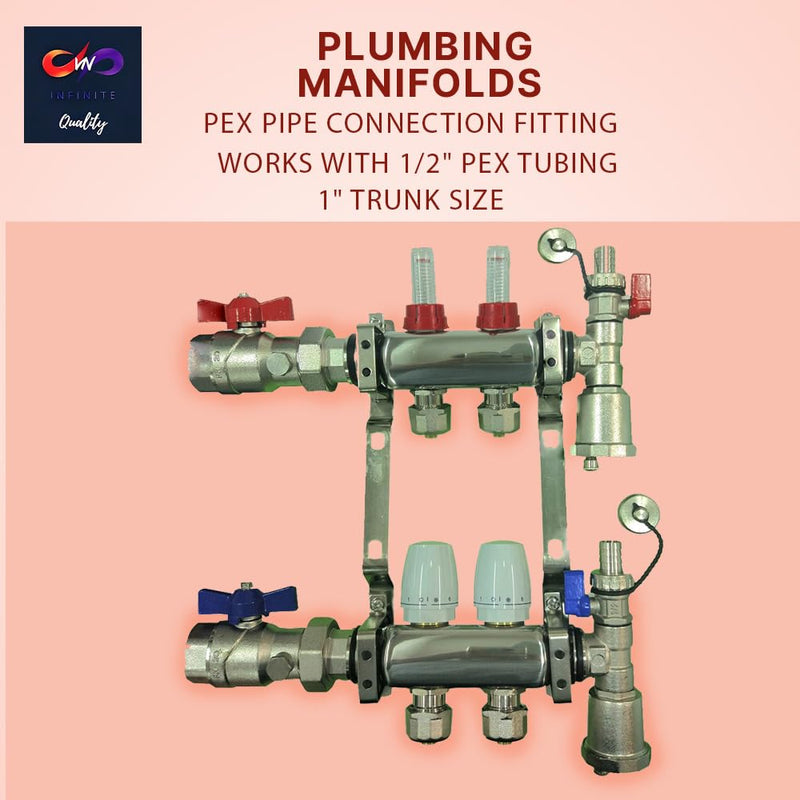 2 - 12 Loop Radiant PEX Plumbing Manifold - 1" 304 Stainless Steel Radiant Floor Heating Manifold - With 2 Wire Actuators