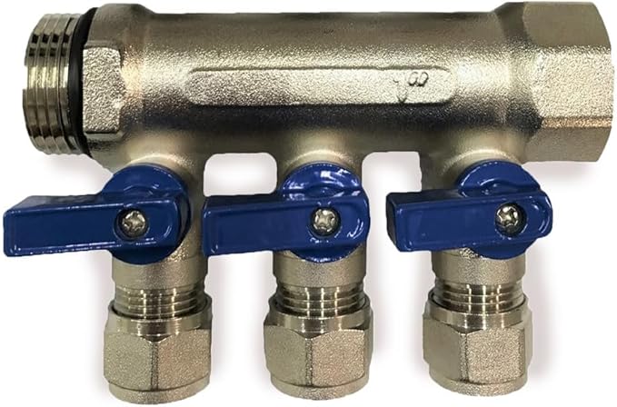 1/2" Plumbing PEX Manifolds 1" trunk w/ 1/2" Pex Ball Valves - 2 - 6 -Branch Radiant Heat Manifold - PEX Tubing Floor Heating Manifolds - Red or Blue Handles