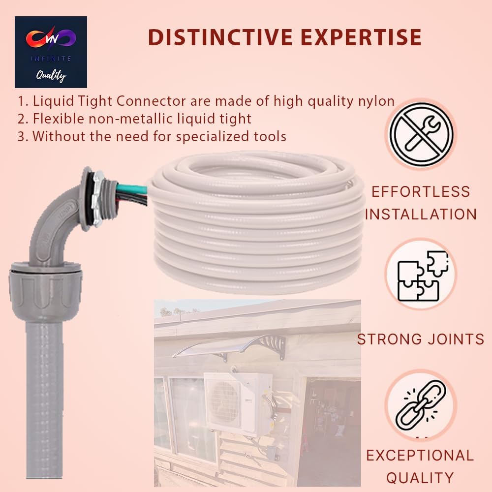 1/2" x 3/4" AC Whip Electrical Conduit Kit - 1/2" x 3/4" - Flexible Non-Metallic Liquid Tight - 10 Gauge Wires - Flexible Electrical Conduit - 90 Degree Connector